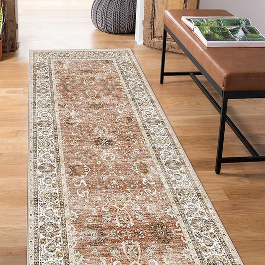 3x8 Runner Rug Non Slip - Kitchen Washable Rug Runner with Non-Shedding, Boho Rugs Cream Runners Rug for Hallways Distressed Carpet Runner Rugs for Bedroom Brick Red