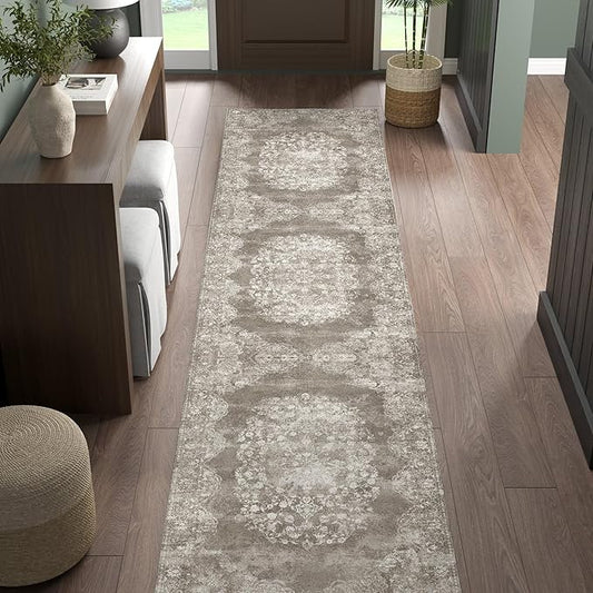 jinchan Hallway Runner Rug 2x10 Vintage Floral Distressed Design - Machine Washable Non-Slip Low-Pile Soft Thin Faux Wool Kitchen Carpet for Farmhouse Bedroom Laundry Room(2x10ft,Brown)