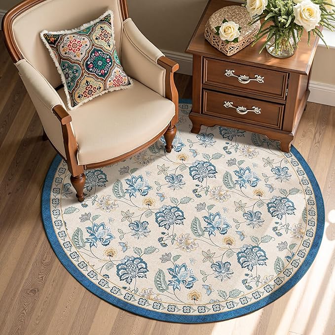 jinchan 4ft Floral Round Rug for Entryway Washable Kitchen Rug Vintage Romance Design Non Slip Indoor Doormat Lightweight Low-Profile Throw Carpet for Living Room Dining Room Bedroom, Blue/Beige