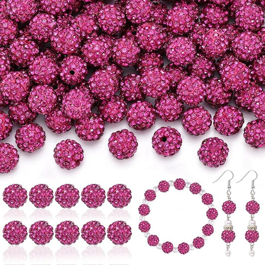 160pcs 10mm Rhinestone Beads for Jewelry Making, Fuchsia Shiny Round Disco Ball Beads Bulk, Sparkle Crystal Clay Christmas for Bracelet Baseball Necklace Earring Crafting and DIY