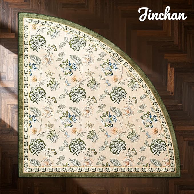 jinchan Floral Corner Rug for Living Room Washable Bedroom Rug Vintage Romance Design Non Slip Quarter Circle Lightweight Low-Pile Throw Carpet for Reading Nook Playroom,7ft Radius, Green/Beige