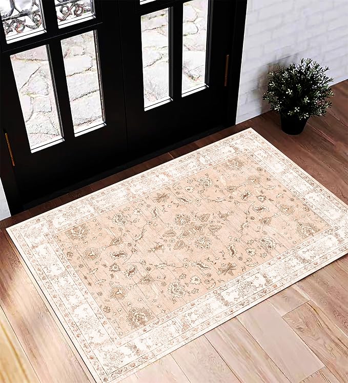2x3 Washable Area Rug Door Mat Vintage Distressed Tangerine Taupe Rug Doormat Indoor Entrance Thin Rug Floral Print Non Slip Carpet Kitchen Bathroom Bedroom Living Room