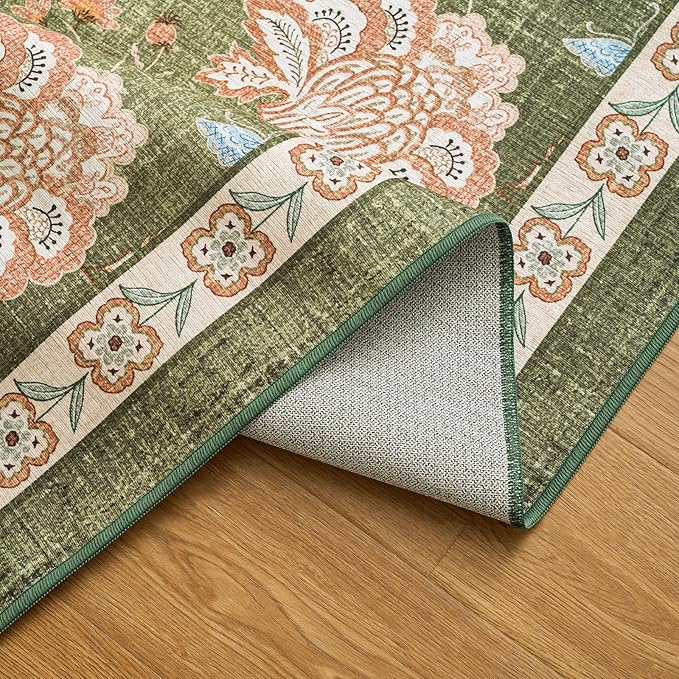 jinchan Floral Corner Rug for Entryway Washable Kitchen Rug Vintage Romance Design Non Slip Quarter Circle Lightweight Low-Pile Throw Carpet for Playroom Reading Nook Nursery, 4ft Radius, Green