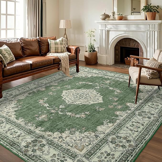 10x14 Area Rug Washable: Oriental Soft Area Rug for Living Room Bedroom No Shedding - Low Pile Thin Carpet Rug for Dining Room Non Slip - Boho Vintage Rug for Home Decor - Olive Green