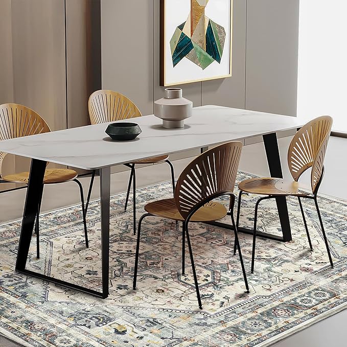 3'x5' Cyan Khaki Vintage Washable Thin Area Rug Traditional Floor Cover Foldable Indoor Distressed Non Slip Carpet Floral Print Mat Bedroom Living Room Bathroom