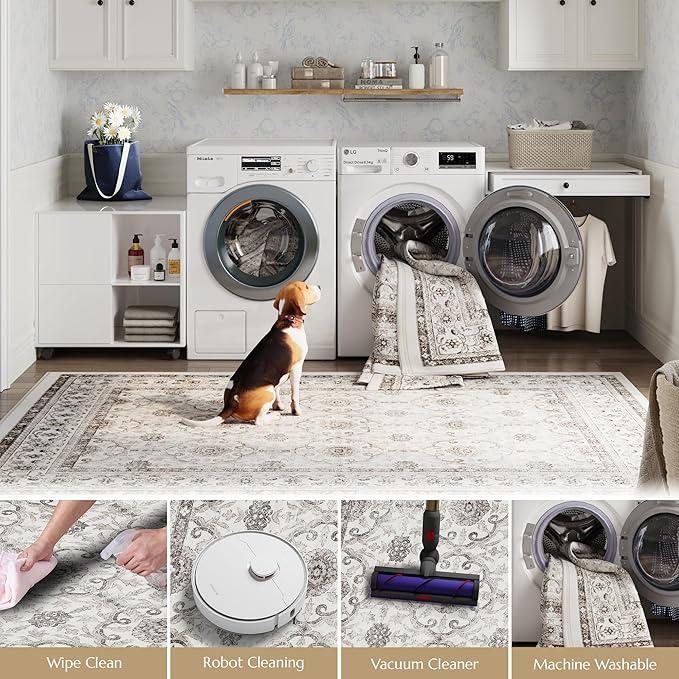 jinchan Hallway Runner Rug 2x8 - Machine Washable Beige Vintage Floral Distressed Design Soft Non-Slip Low-Pile Ultra-Thin Runner Rug for Kitchen Laundry Room Bedroom Farmhouse (2‘x8',Beige)