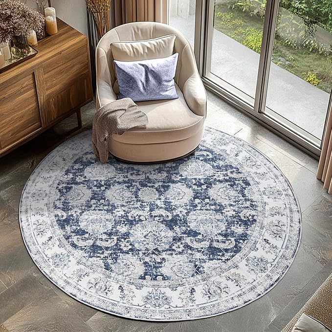 jinchan Round Rug 6ft Area Rugs Vintage Floral Distressed Design - Machine Washable Non-Slip Low-Pile Ultra-Thin Circle Rug for Entryway Bedside Living Room Dining Room Bedroom (6' Round,Dark Blue)
