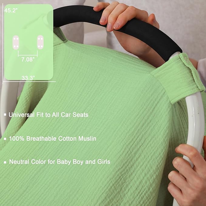 100% Muslin Cotton Car Seat Cover Baby, Carseat Canopy Cover, Universal Fit Stroller Covers for Boys and Girls (City Green)