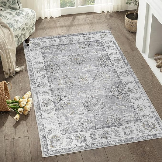 jinchan Floral 3x5 Area Rugs for Entryway - Machine Washable Taupe Vintage Distressed Design Doormat Non-Slip Ultra-Thin Low Pile Boho Rug for Kitchen Living Room Bedroom Farmhouse (3‘x5',Grey)