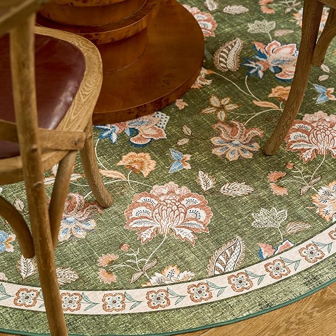 jinchan 5ft Floral Round Rug for Entryway Washable Kitchen Rug Vintage Romance Design Non Slip Indoor Doormat Lightweight Low-Profile Throw Carpet for Living Room Dining Room Bedroom, Green