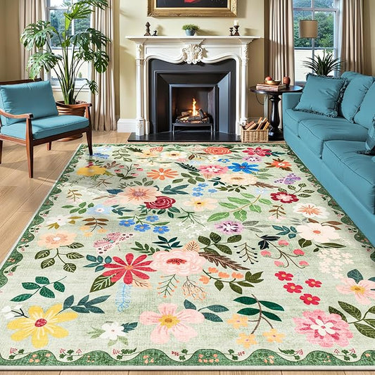 10x14 Area Rugs for Living Room: Floral Washable Rug Vintage Large Soft Boho Non-Slip Carpet Indoor Stain Resistant Low Pile Carpets for Bedroom Dining Room Farmhouse Nursery Hallway Home Office Green