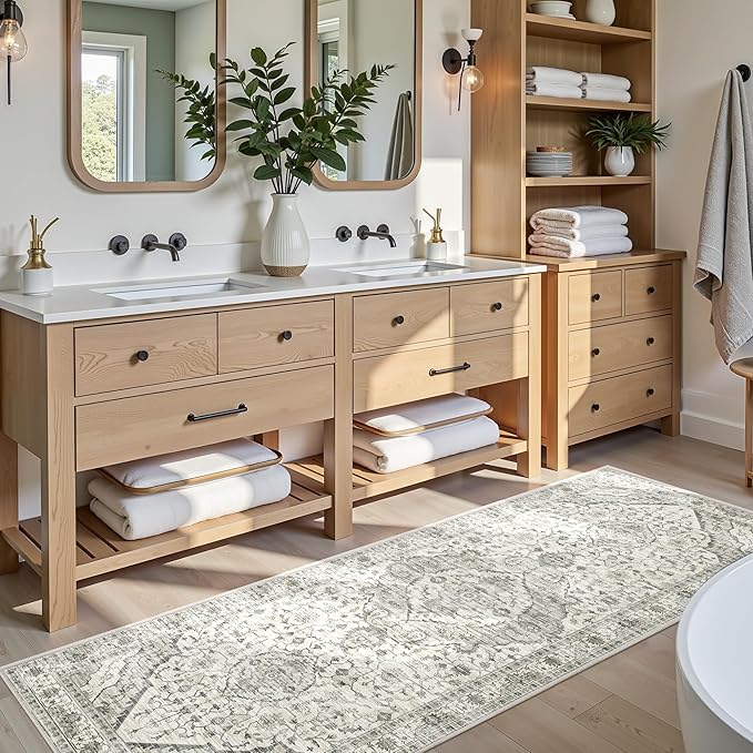 3x7 Runner Rugs for Hallway Non-Slip Hallway Runner Rug with Rubber Backing Washable Rug Runner for Kitchen Bedroom Vintage Distressed Carpet (Border Cream)