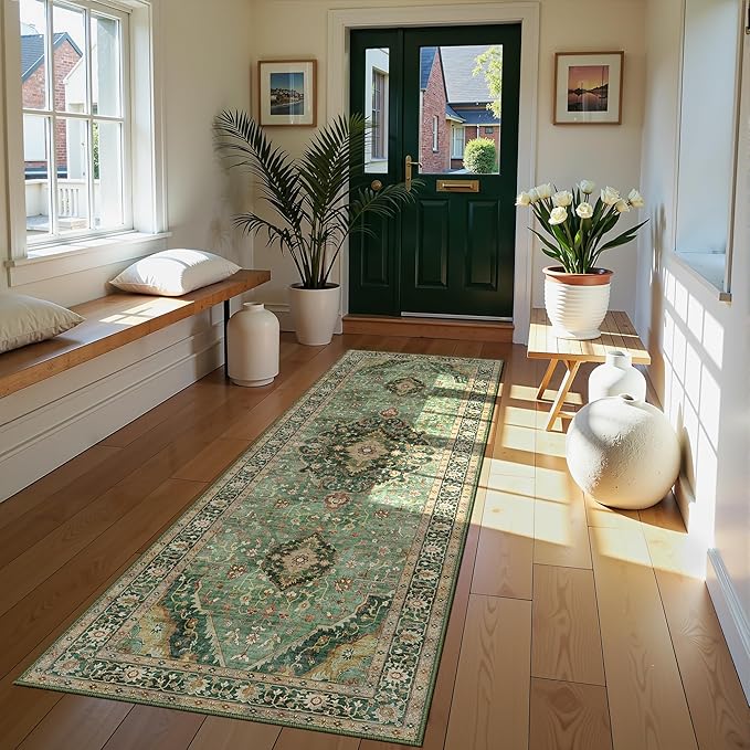 3x7 Runner Rugs for Hallway Non-Slip Hallway Runner Rug with Rubber Backing Washable Rug Runner for Kitchen Bedroom Vintage Distressed Carpet (Border Green)