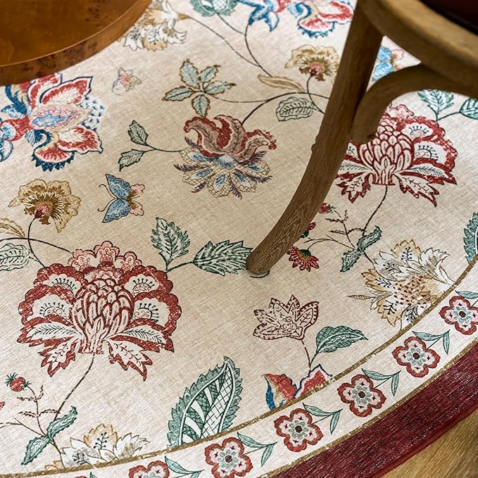 jinchan 8ft Floral Round Rug for Dining Room Washable Living Room Rug Vintage Romance Design Non Slip Indoor Floor Cover Lightweight Low-Profile Throw Carpet for Bedroom Porch Patio, Red/Beige