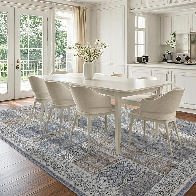 10x14 Area Rug Washable: Oriental Soft Area Rug for Living Room Bedroom No Shedding - Low Pile Thin Carpet Rug for Dining Room Non Slip - Boho Vintage Rug for Home Decor - Blue Grey