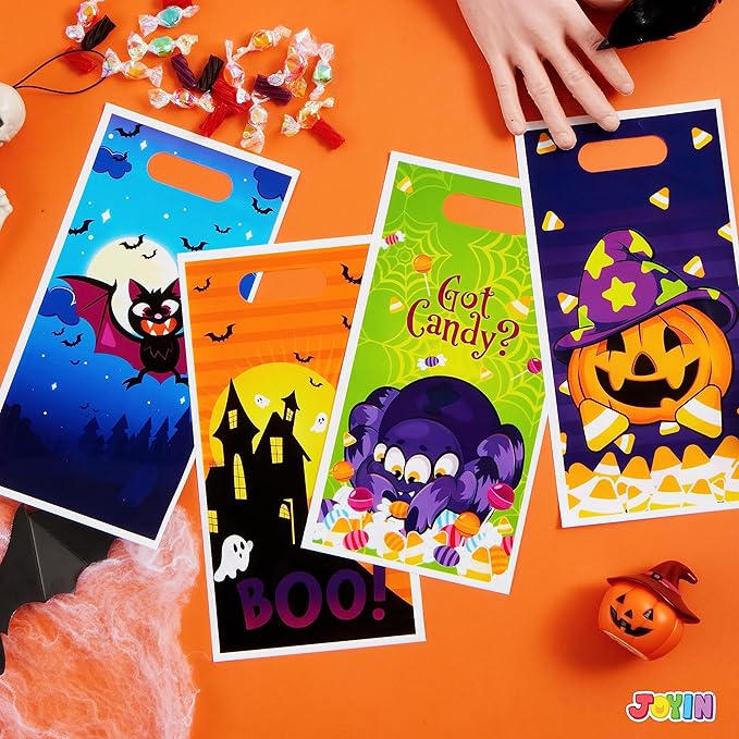 JOYIN 72 PCS Halloween Trick or Treat Bags, Halloween Goodie Candy Bags, Goody Gift Bag, 4 Designs Plastic Snack Bag Bulk for Kids Trick or Treating, Classroom Party Favors, Event Party Supplies