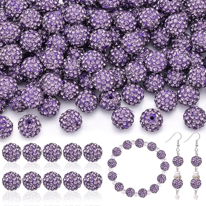 105pcs 10mm Rhinestone Beads for Jewelry Making, Purple Shiny Round Disco Ball Beads Bulk, Sparkle Crystal Clay Christmas for Bracelet Baseball Necklace Earring Crafting and DIY