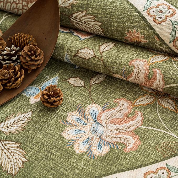 jinchan 8x10 Floral Rug for Living Room Washable Bedroom Rug Vintage Romance Design Non Slip Thin Indoor Floor Cover Large Low-Profile Throw Carpet for Dining Room Office, Green