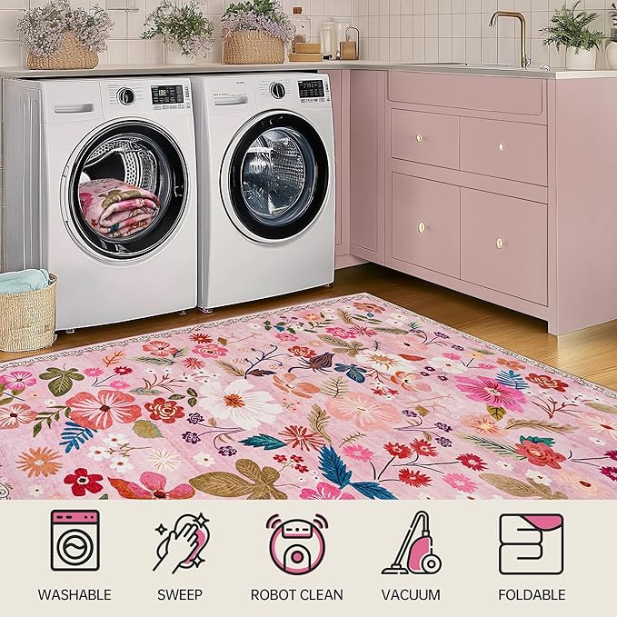 2x3 Washable Entryway Rugs Pink Boho Vintage Floral Pattern Non Slip with Rubber Backing Small Rugs Stain Resistant Faux Fur Low Pile Door Mat for Front Door Kitchen Bedroom Girls Bathroom Laundry
