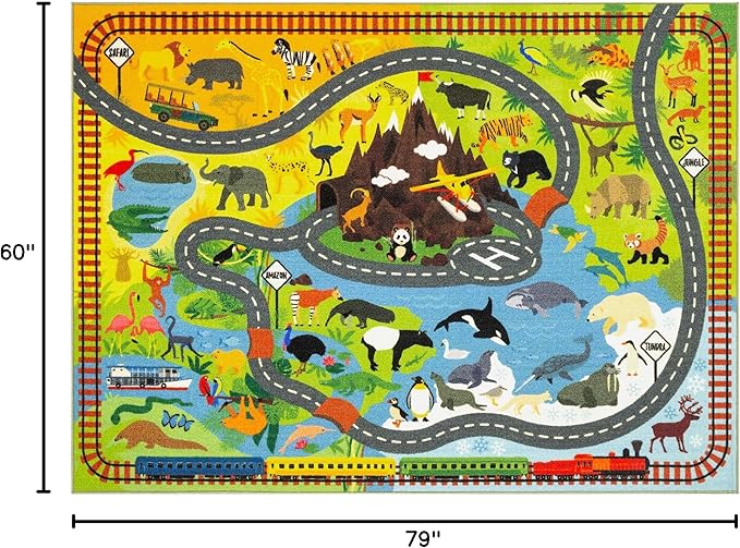 KC Cubs 5x7 Animal Safari Toy Car Road Rug – Educational Play Mat Carpet for Kids, Toddlers, Nursery, Classroom, Playroom, Baby Daycare, Boys & Girls