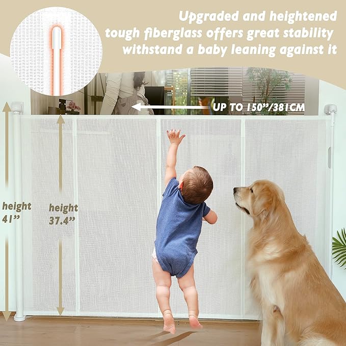 150" Extra Wide Retractable Baby Gates Dog Gate for Large Opening, 41" Extra Tall Mesh Pet Gate, Long Child Safety Gates with Fiberglass Rods for Stairways, Doorways, Hallways - Indoor/Outdoor Use