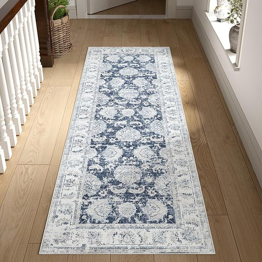 jinchan Runner Rug 2x6 Washable Hallway Runner - Vintage Floral Non Slip Low-Pile Soft Thin Kitchen Rug Distressed Carpet for Farmhouse Bedroom Entryway Laundry Room(2x6ft,Dark Blue)