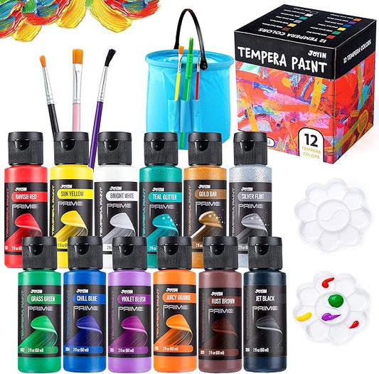 JOYIN 12PCS Washable Kids Tempera Paint Set (2 oz Each), 6 Brushes, 2 Palette & 1 Stretchable Washing Bucket, Non-Toxic Kids Liquid Paint for Arts and Crafts Project, Finger Painting, Hobby Painters