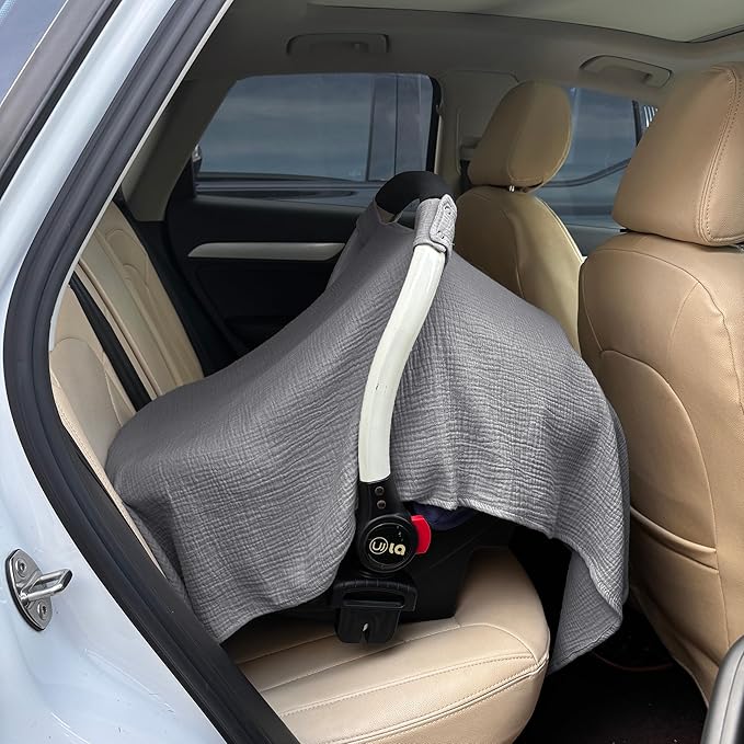 100% Muslin Cotton Car Seat Cover Baby, Carseat Canopy Cover, Universal Fit Stroller Covers for Boys and Girls (Grey)