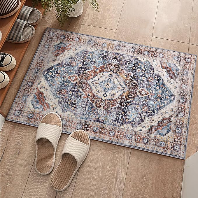 2x3 Washable Boho Rug Small Area Rugs for Entryway Bedroom Bathroom Kitchen Lliving Room, Soft Flower Rugs Low Pile Non-Slip Rubber Backing(Border Brown/Navy Blue)