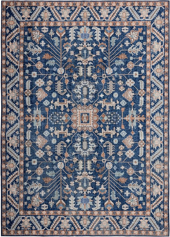 10x14 Area Rug Washable: Oriental Soft Area Rug for Living Room Bedroom No Shedding - Low Pile Thin Carpet Rug for Dining Room Non Slip - Boho Vintage Rug for Home Decor - Navy Blue