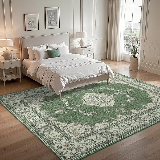 10x14 Area Rug Washable: Oriental Soft Area Rug for Living Room Bedroom No Shedding - Low Pile Thin Carpet Rug for Dining Room Non Slip - Boho Vintage Rug for Home Decor - Olive Green