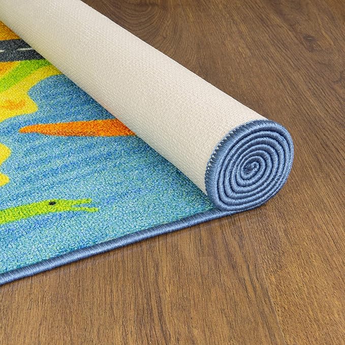 KC Cubs 8x10 Dinosaur Toy Car Dino Road Rug – Educational Play Mat Carpet for Kids, Toddlers, Nursery, Classroom, Playroom, Baby Daycare, Boys & Girls