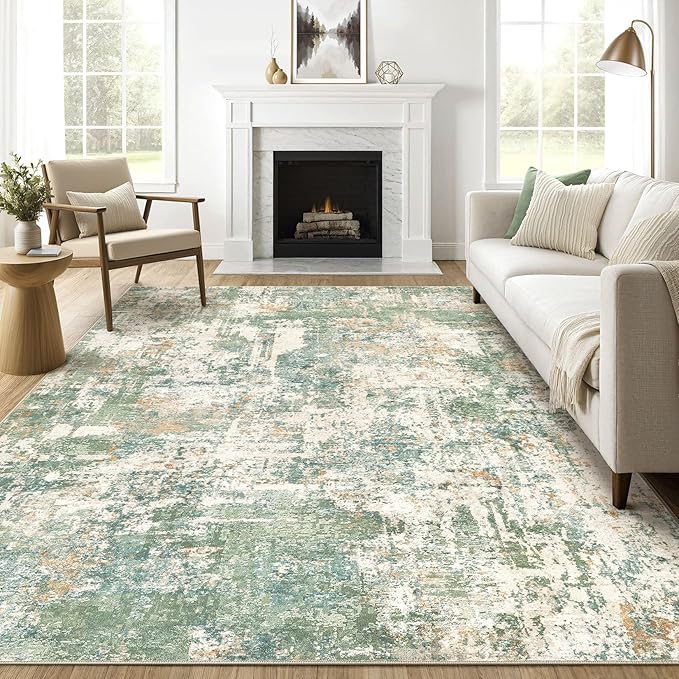 10x14 Area Rugs Living Room: Washable Large Abstract Soft Green Rug Stain Resistant Indoor Floor Non-Slip Accent Carpet for Men Modern Home Enthusiasts Aged 25-45 - Bedroom Office Playroom