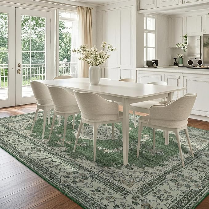 10x14 Area Rug Washable: Oriental Soft Area Rug for Living Room Bedroom No Shedding - Low Pile Thin Carpet Rug for Dining Room Non Slip - Boho Vintage Rug for Home Decor - Olive Green