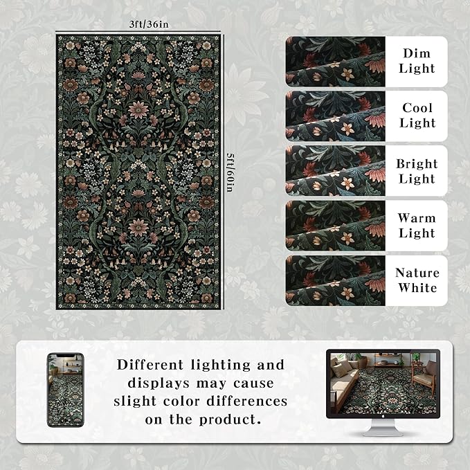 3x5 Black Boho Floral Vintage Area Rug,Soft Lightweight Low Pile Non-Shedding Carpet,Machine Washable Stain Resistant & Non-Slip for Entryway,Bedroom, Kids Room,Living Room