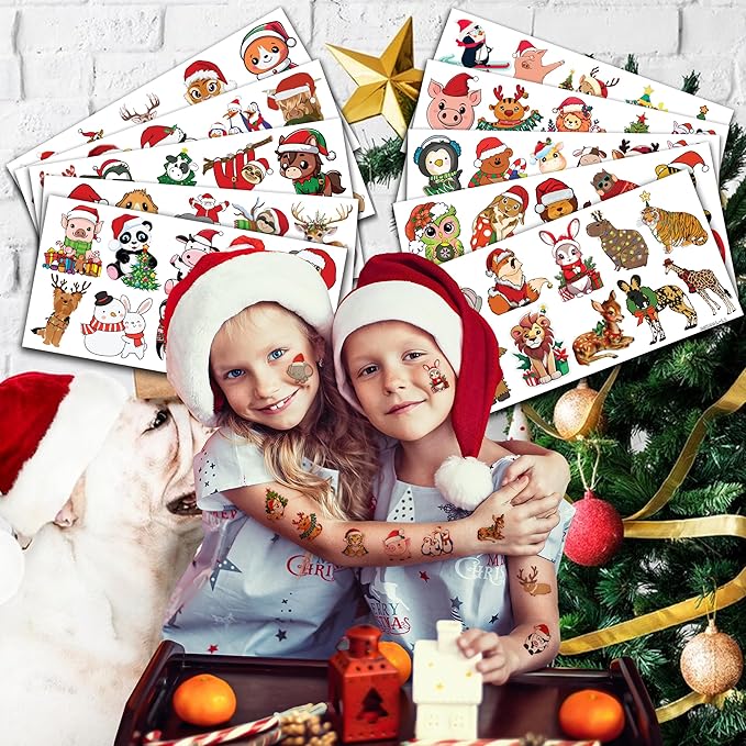 100 PCS Noel Christmas Animal Temporary Tattoos Sticker Jungle Birthday Christmas Party Decorations Supplies Favors Gifts Boys Girls Safari Zoo Cute Fake Tattoo School Reward Themed Santa Claus Xmas