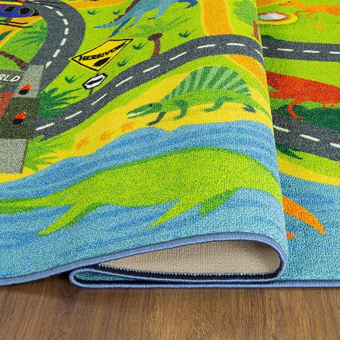 KC Cubs 8x10 Dinosaur Toy Car Dino Road Rug – Educational Play Mat Carpet for Kids, Toddlers, Nursery, Classroom, Playroom, Baby Daycare, Boys & Girls